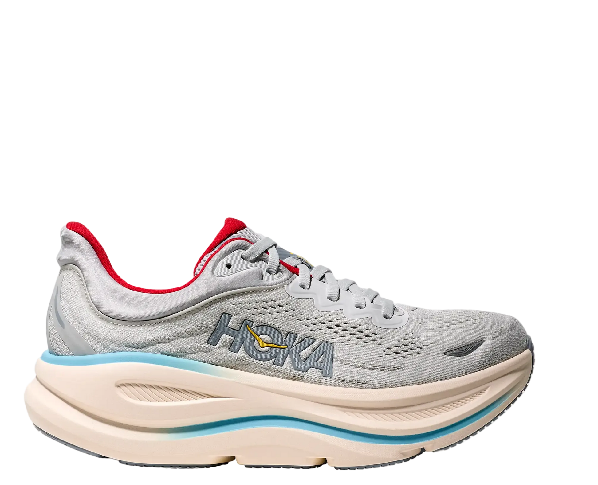 Gray running shoe with red accents on a white background