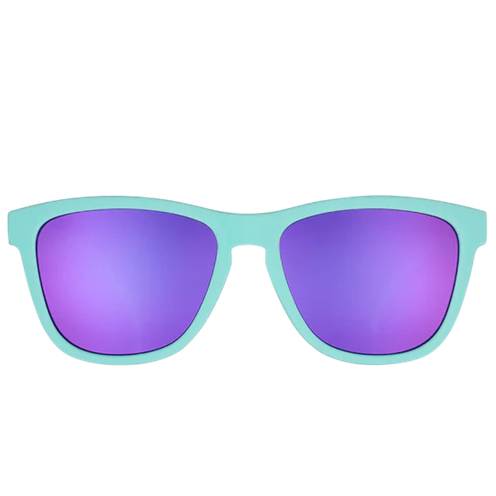 Sunglasses with turquoise frame and purple lenses on a white background
