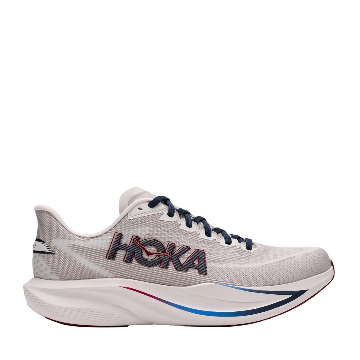 A Hoka running shoe in light gray and white with navy blue laces and a blue and red accent line on the midsole, shown from a side profile against a light gray background.