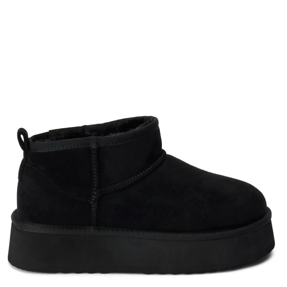 A black synthetic suede ankle boot with a faux fur lining and a pull-on style.