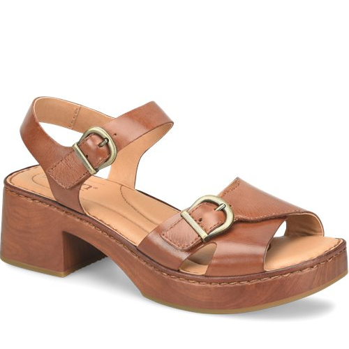 Brown sandal with a block heel and gold buckle on a white background