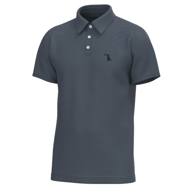 A short-sleeve polo shirt with fine horizontal navy and gray stripes, featuring a three-button placket and a small embroidered bird logo on the left chest, shown against a plain white background.