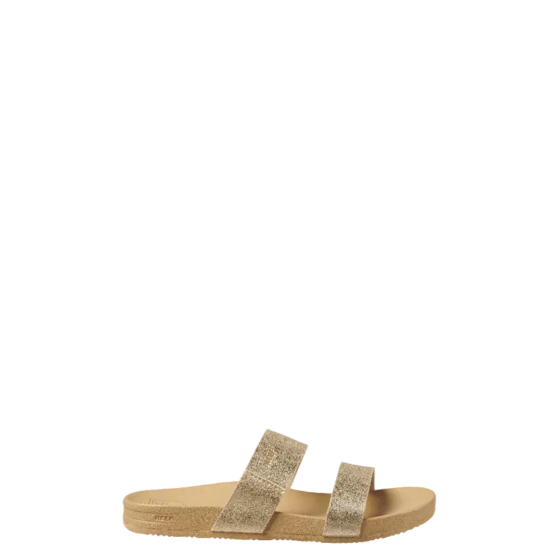 Gold slide sandal with glittery straps on a white background
