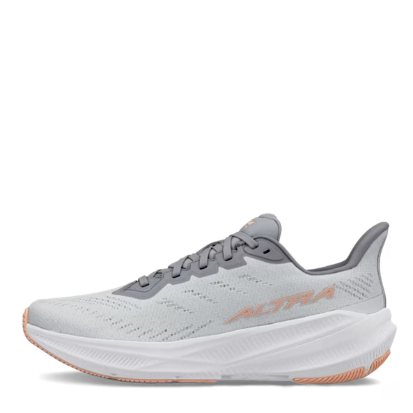 White athletic shoe with gray accents on a white background