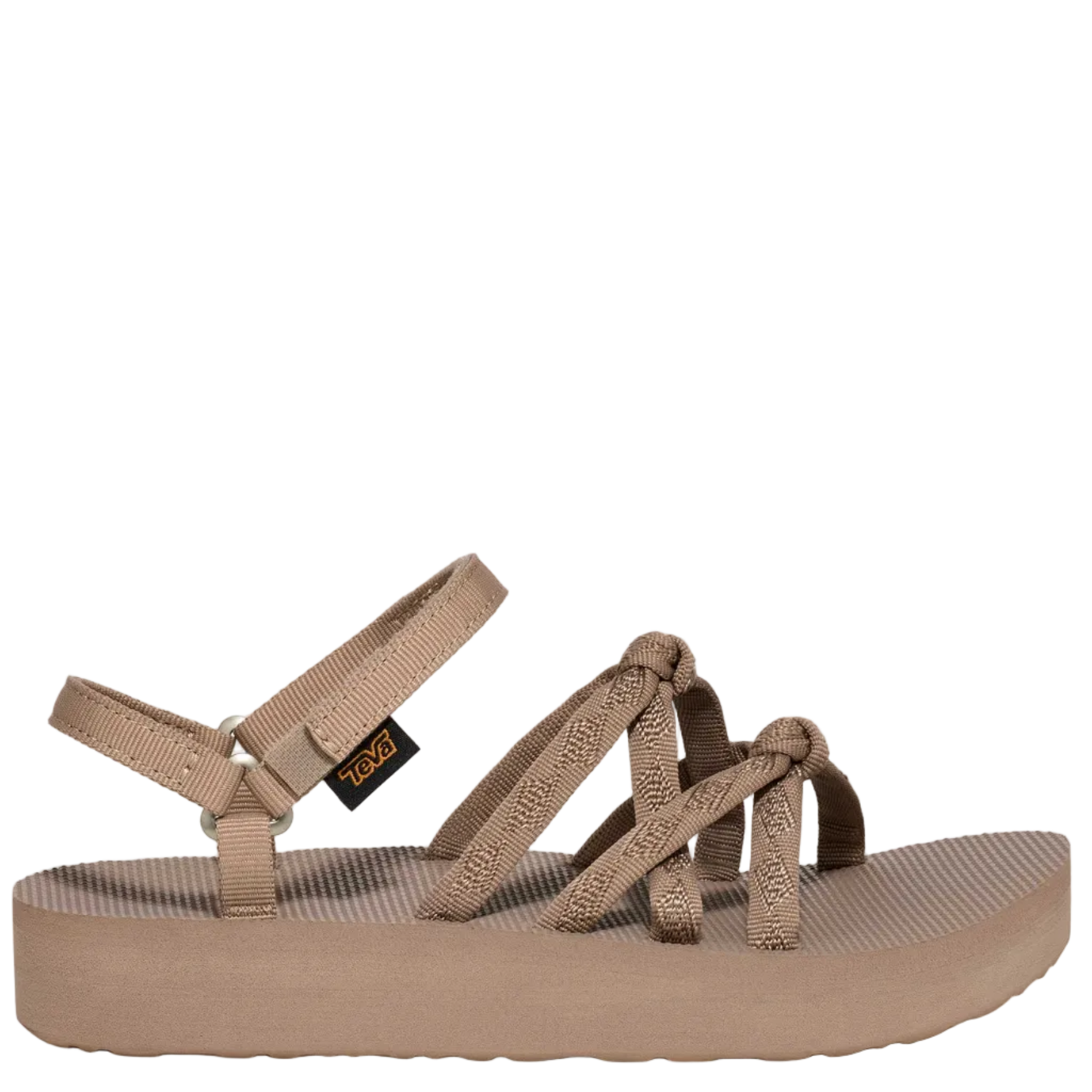 Tan sandal with a visible brand logo on a white background