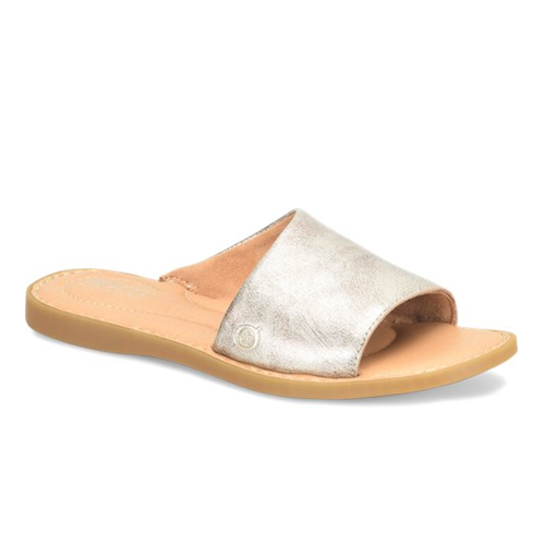 Beige sandal with metallic strap on a white background