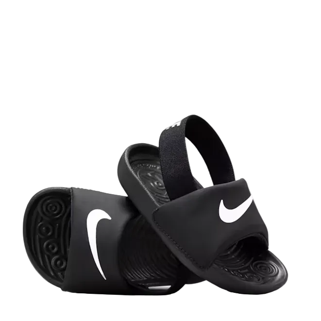 A pair of black Nike slide sandals with white Swoosh logos, displayed on a clean white studio background.