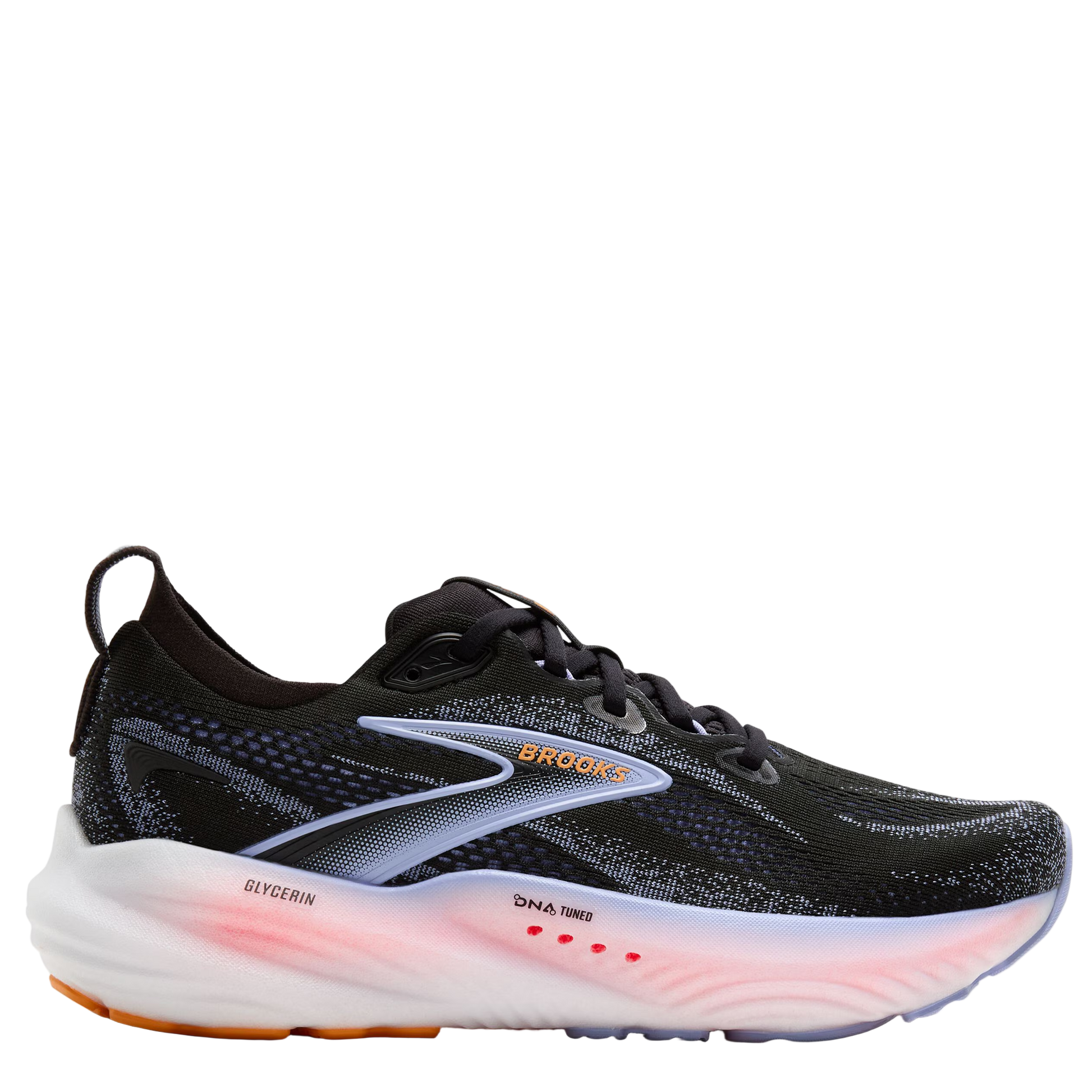Black running shoe with white sole on a white background