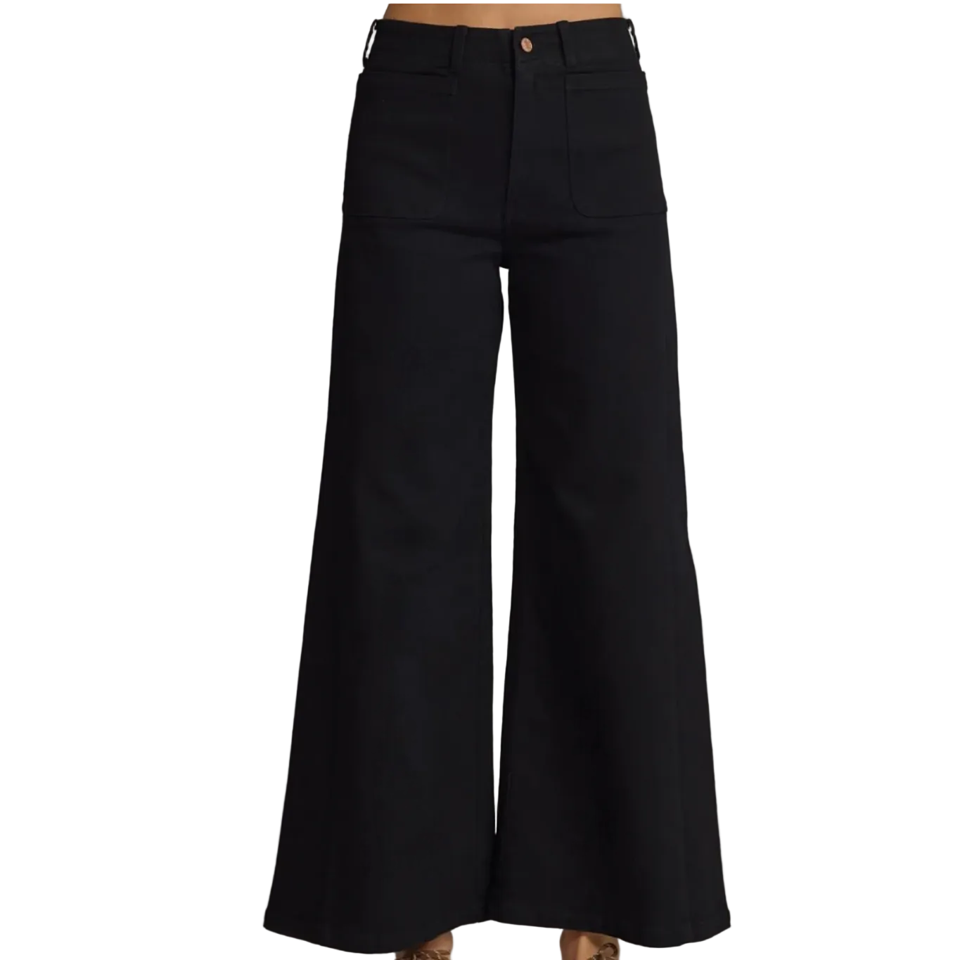 Black wide-leg denim pants shown on a model from the waist down, featuring a button closure and front patch pockets, set against a plain gray studio background.