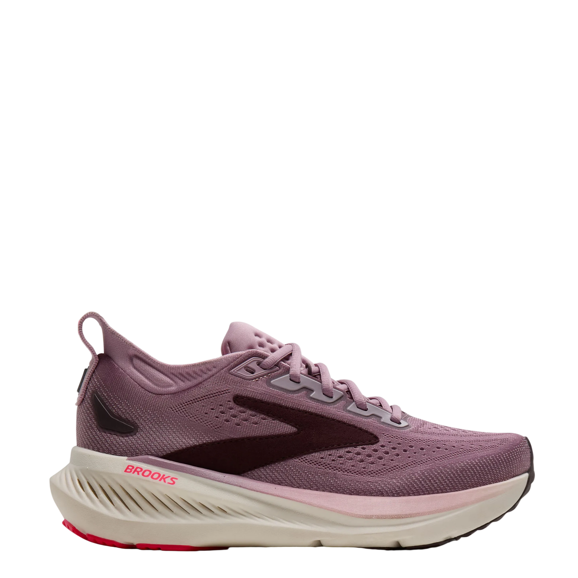 A Brooks running shoe in dusty mauve with a dark burgundy side logo, a thick cream midsole, and a light pink collar accent, shown from the side against a light gray background.