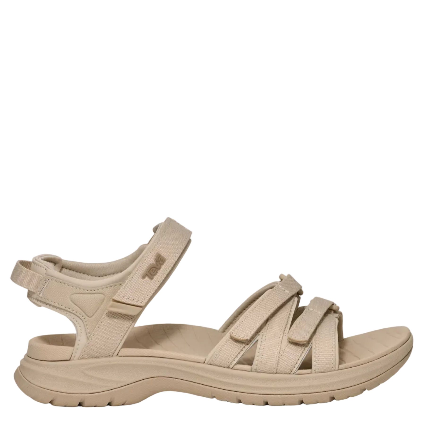 Beige sandal with multiple straps on a white background