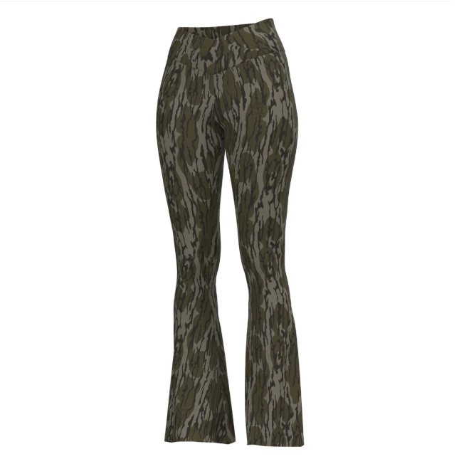 A pair of high-waisted, flared pants featuring an all-over abstract camouflage pattern in olive green, brown, and gray, shown against a plain white background.