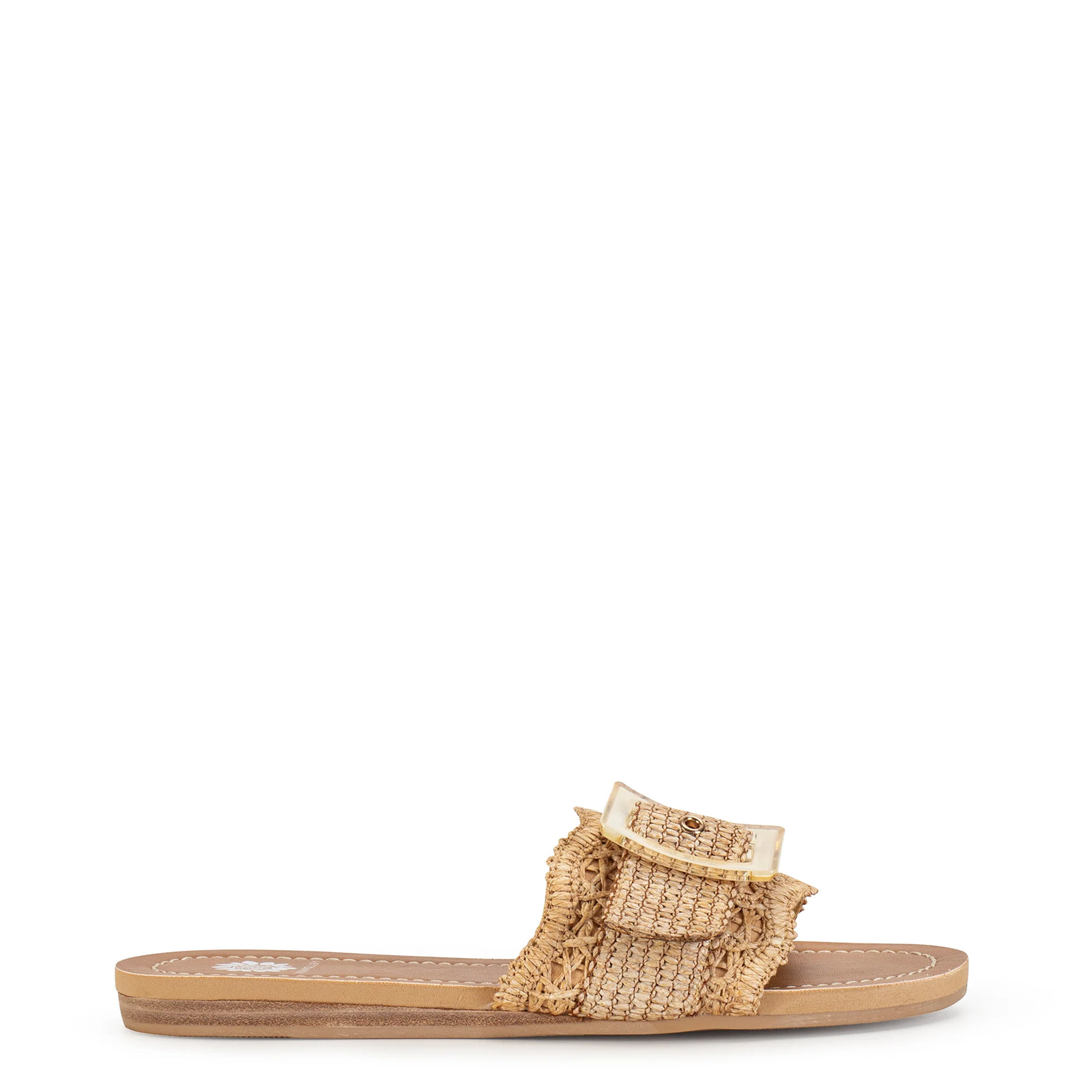 Beige sandal with raffia strap on a white background