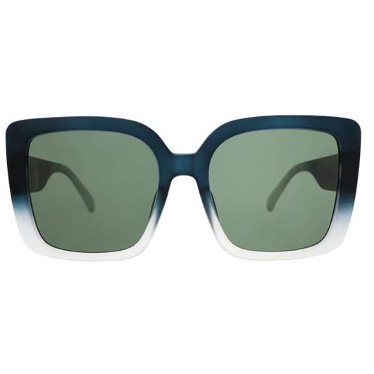 Sunglasses with blue gradient frame and green lenses on a white background