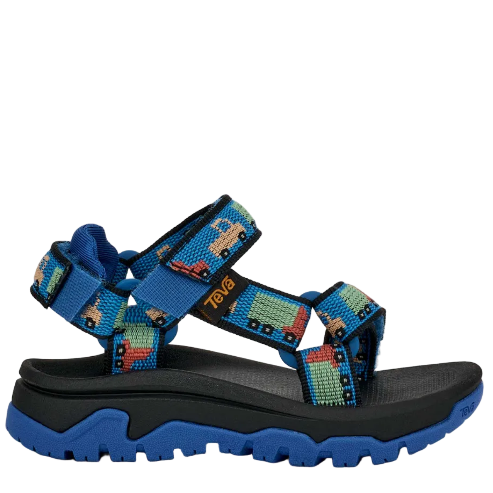 Blue and black sandal with colorful straps on a white background