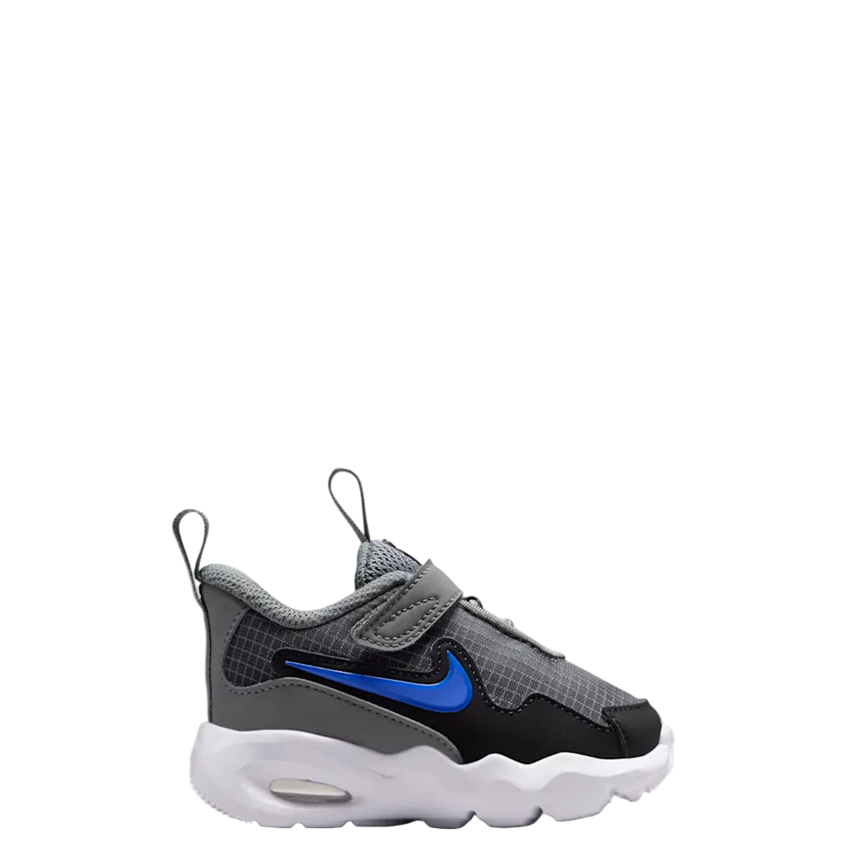 A Nike toddler sneaker in gray and black with a bright blue Swoosh and a white sole, shown from the side against a light gray background.
