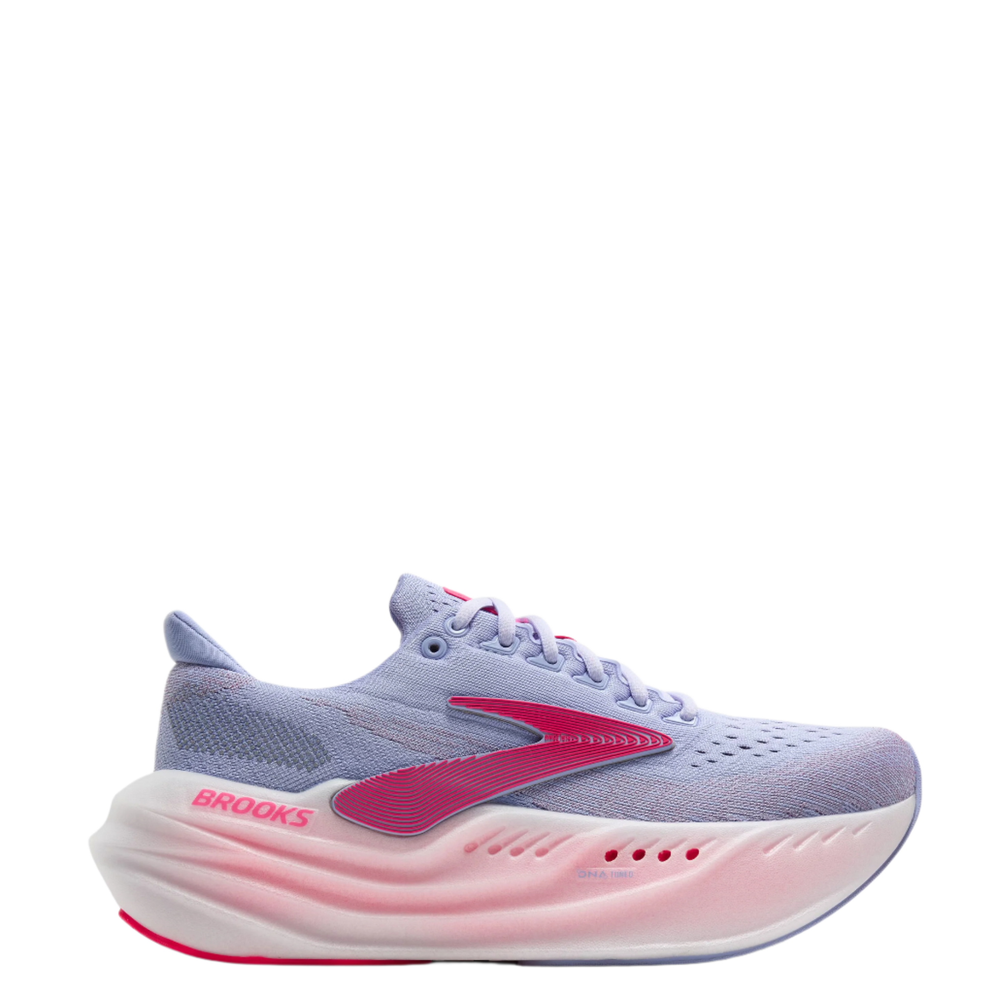 Purple and pink running shoe with Brooks logo on a white background