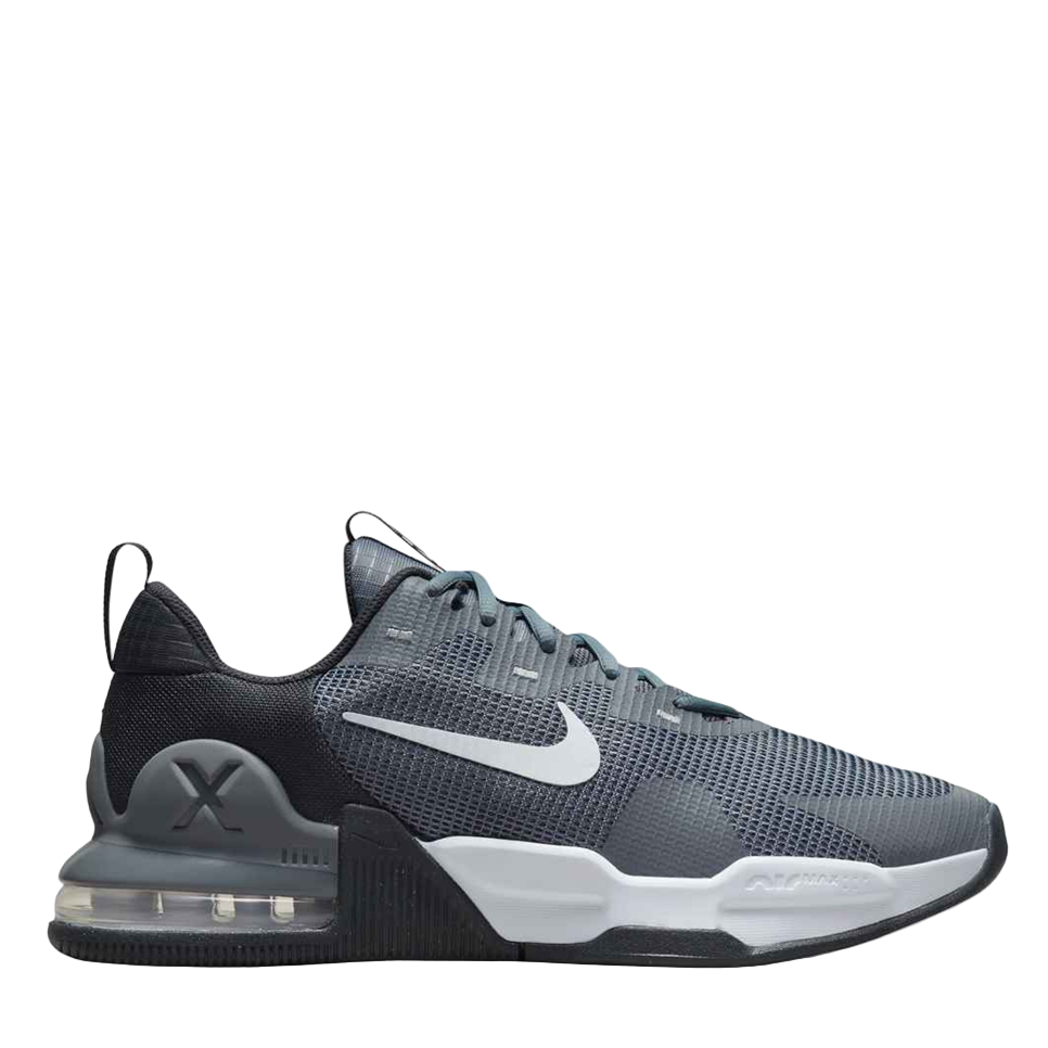 Gray sneaker with a white Nike logo on a white background