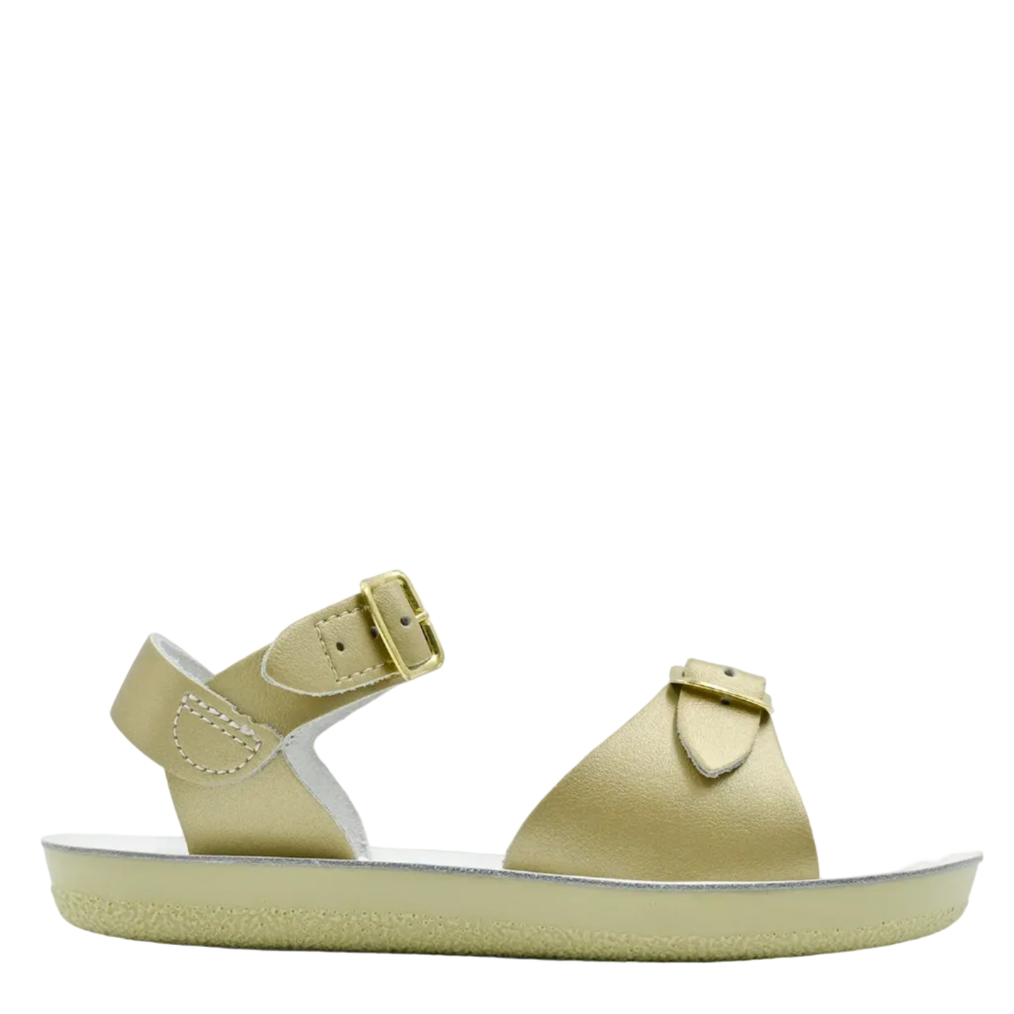 Light green sandal with a strap on a white background