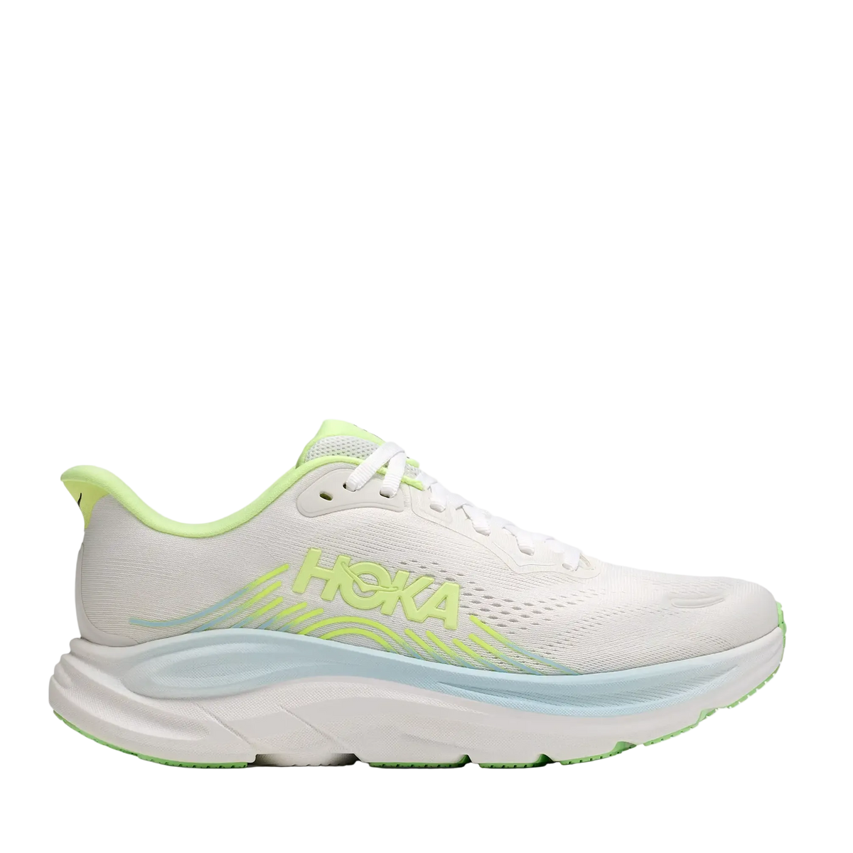 A white Hoka running shoe with neon green accents and a light blue midsole, shown in a side profile on a light gray background.