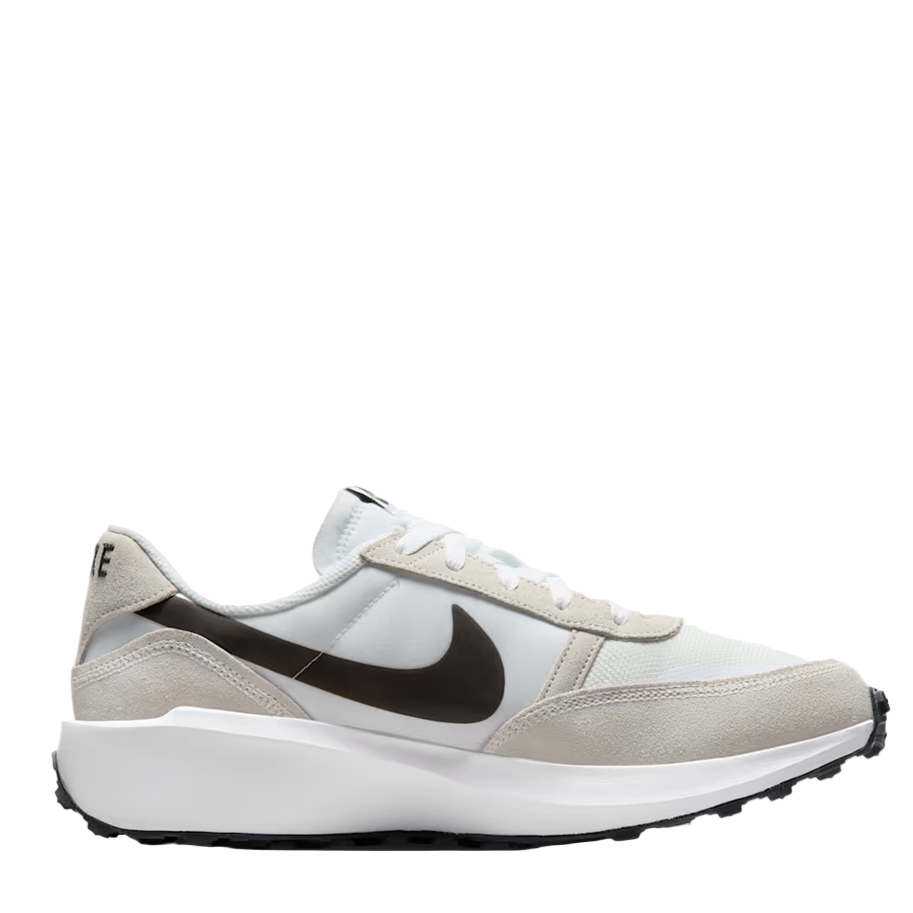 White sneaker with a black swoosh logo on a white background