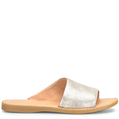 Beige sandal with metallic strap on a white background