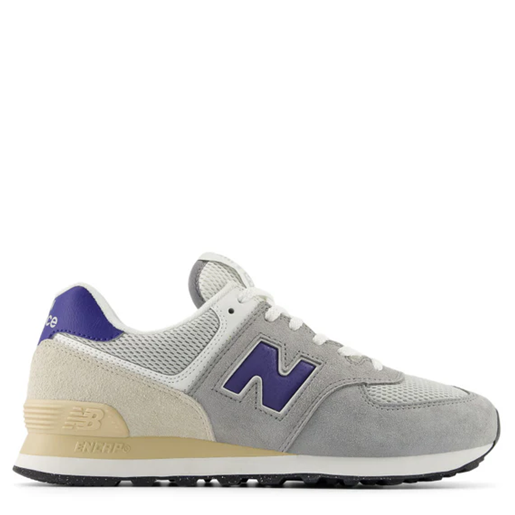 Gray sneaker with purple 'N' logo on a white background