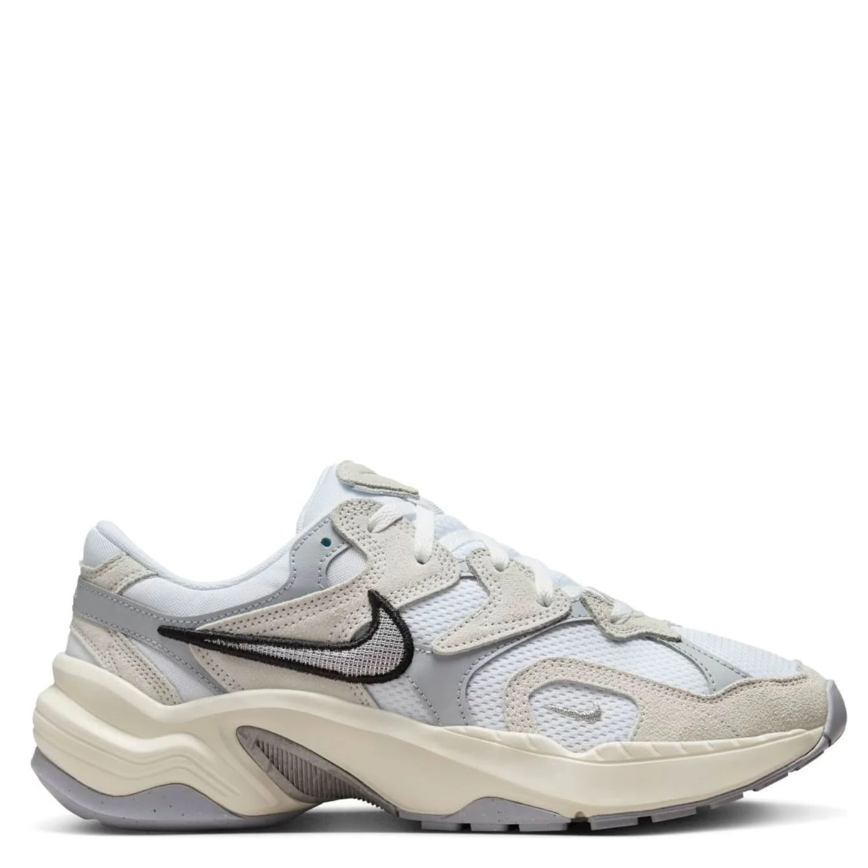 Gray sneaker with a black Nike logo on a white background