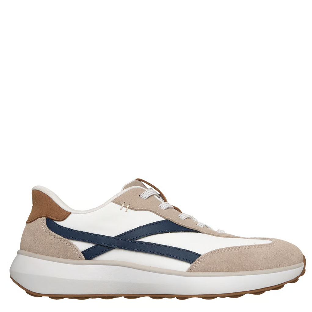 Beige and white sneaker with blue accents on a white background