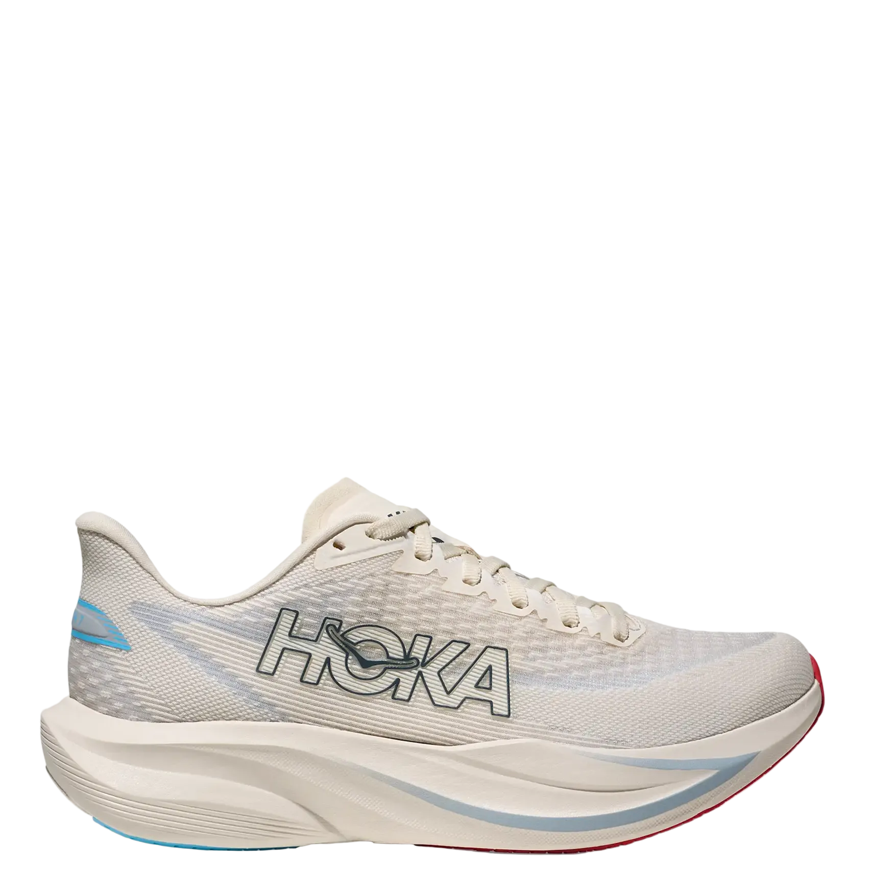 White running shoe with blue accents on a white background