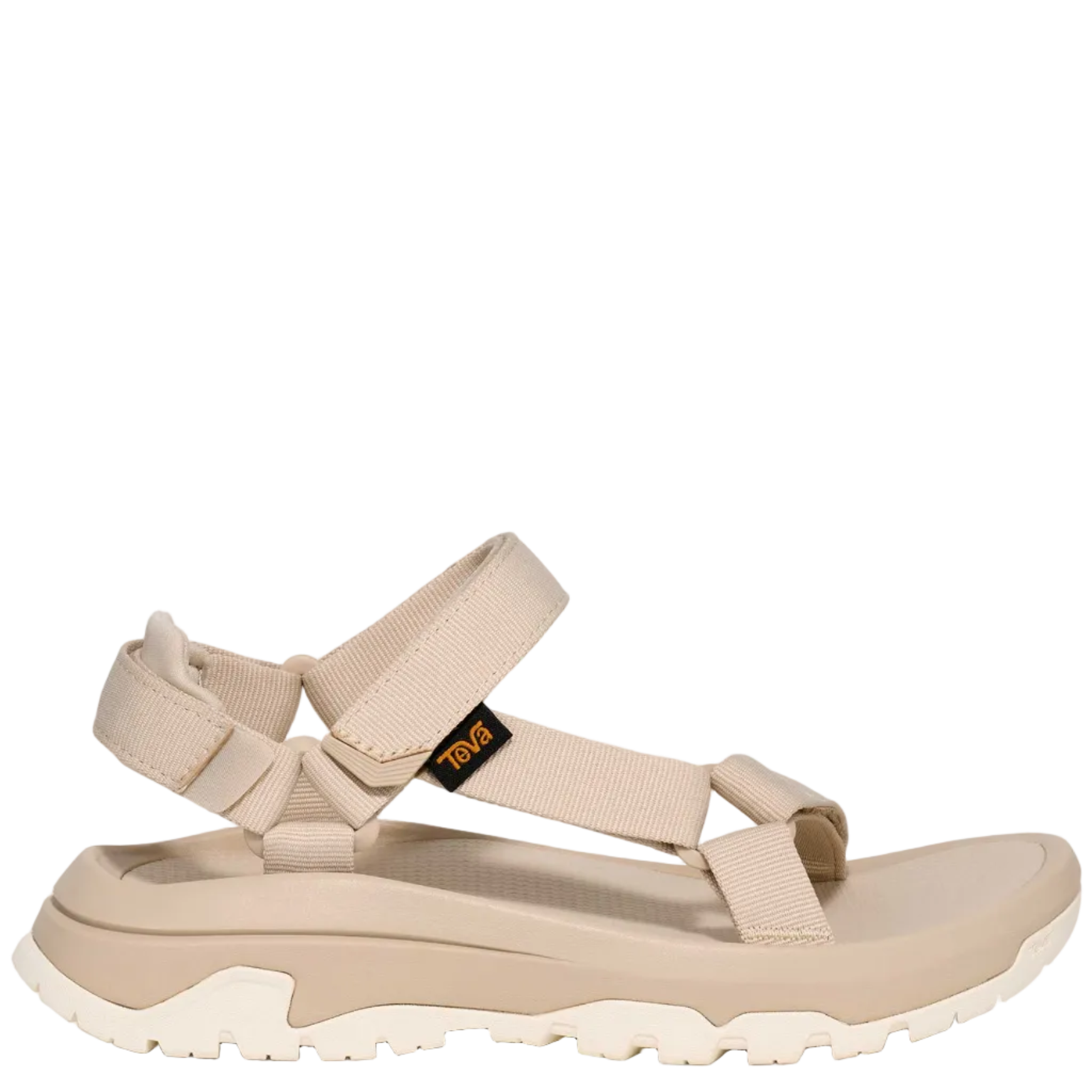 Beige sandal with a visible brand logo on a white background