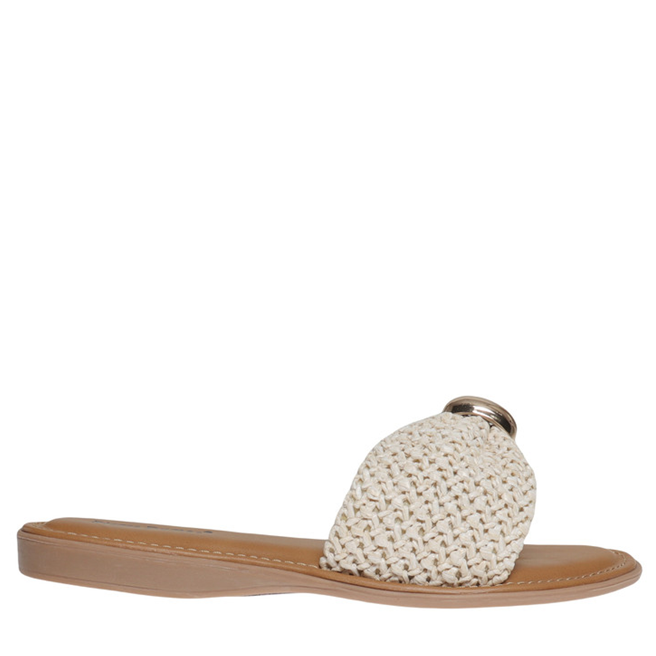 White woven sandal with a brown sole on a white background