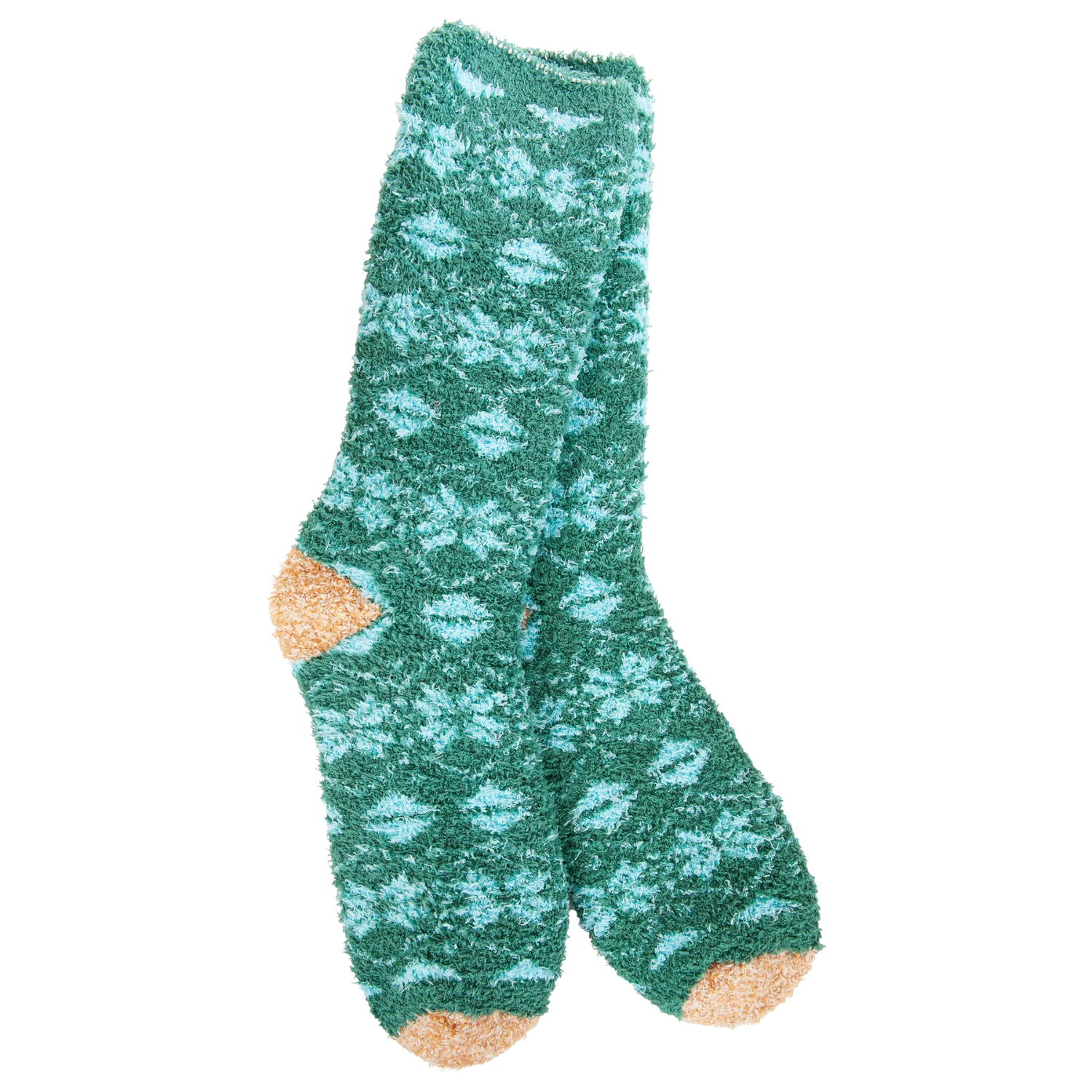 A pair of fuzzy crew socks in a textured green and light blue pattern, featuring light peach toes and heels, shown against a plain white background.