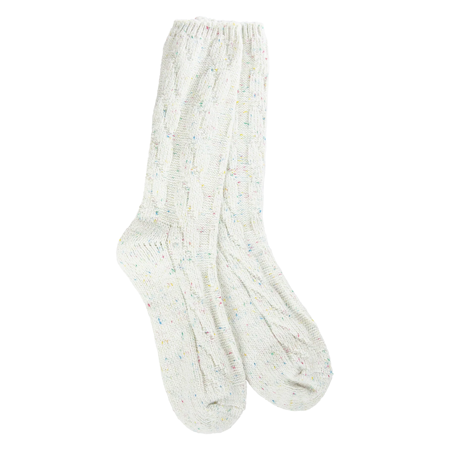 Pair of white socks with speckled pattern on a white background