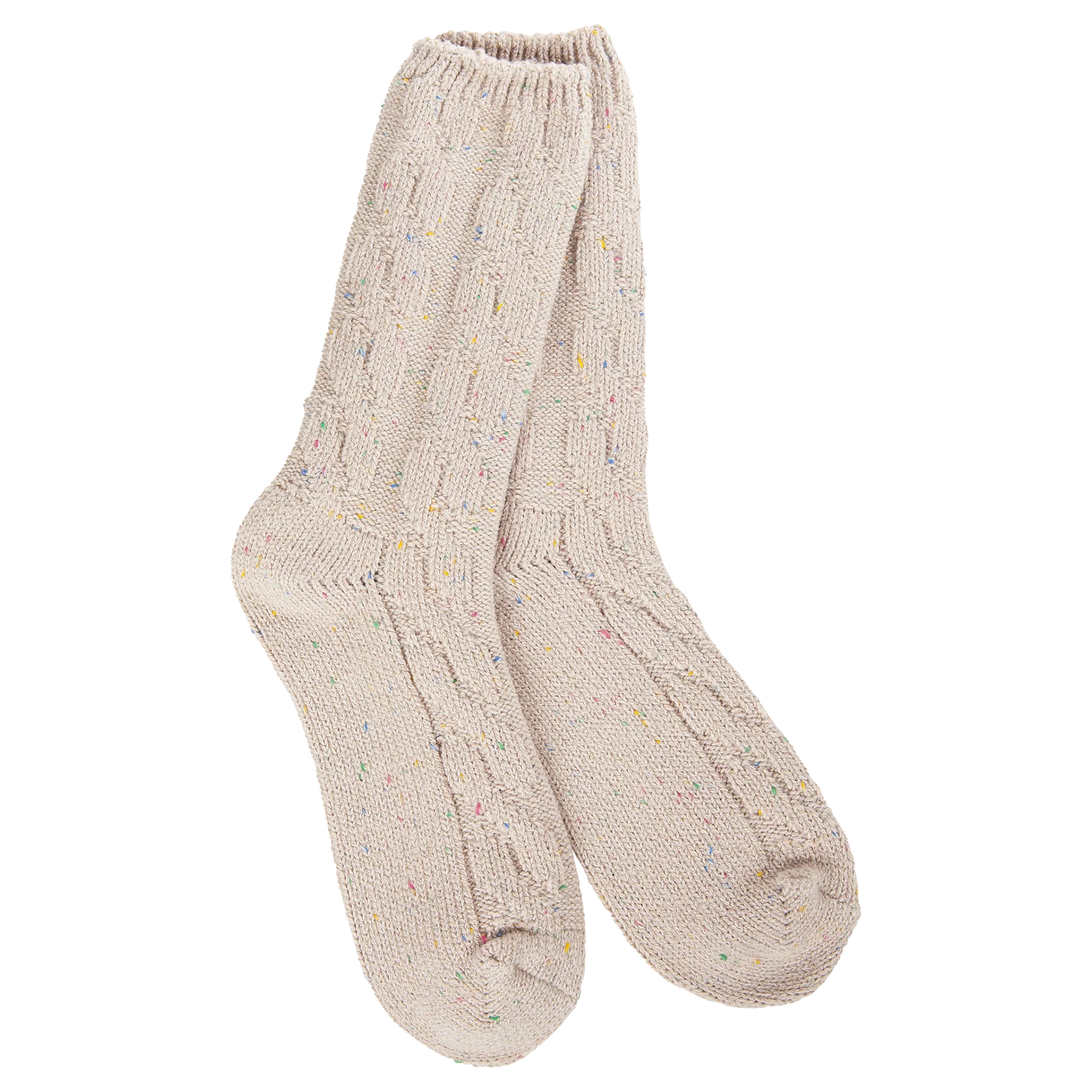 Pair of beige socks with a subtle pattern on a white background