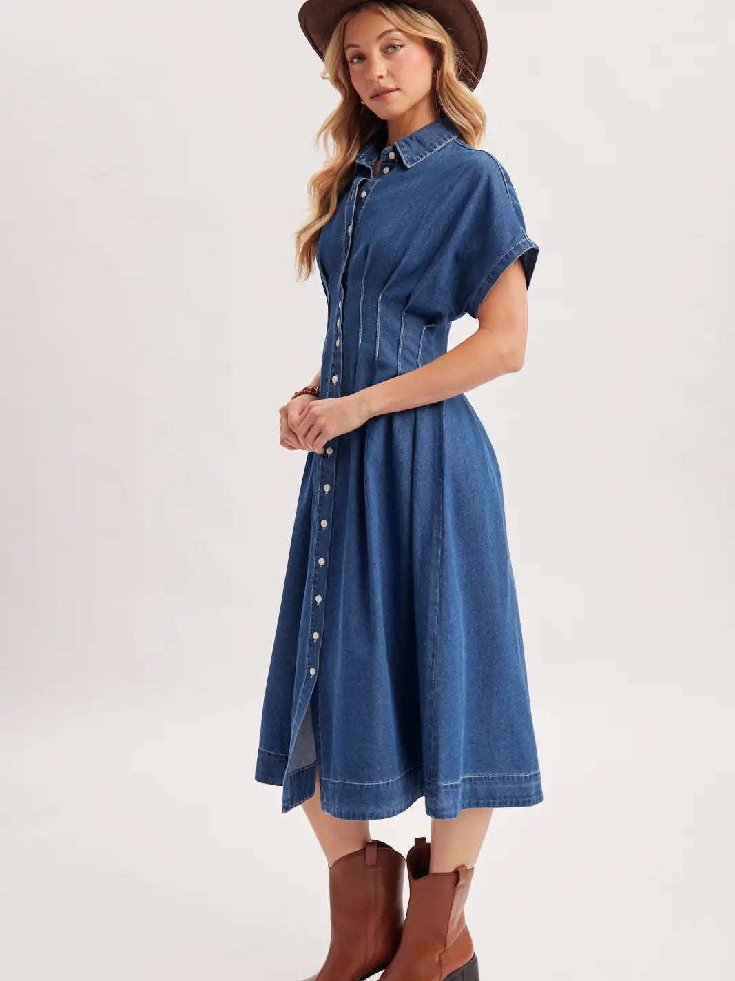Women's Pleated Waist Denim Shirt Dress Medium Wash / L