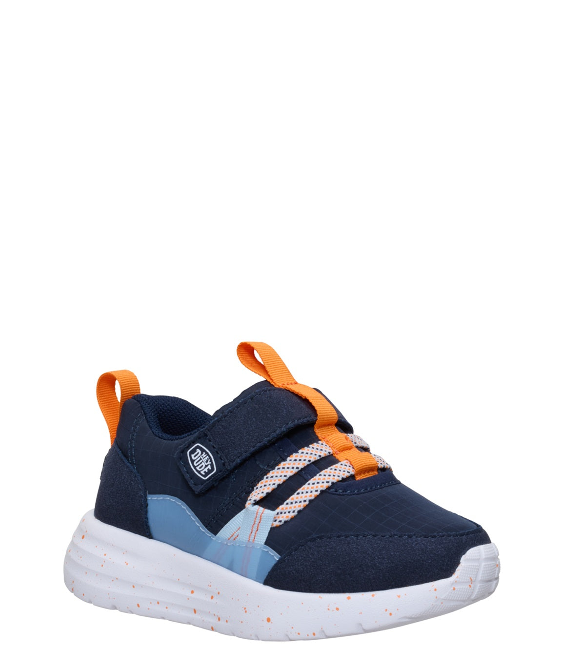 Navy and orange children's shoe on a white background