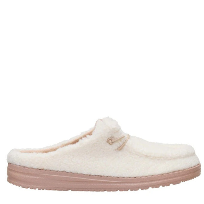 White slipper with pink sole on a white background