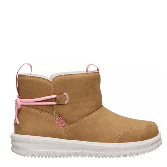 Tan boot with pink accents on a white background