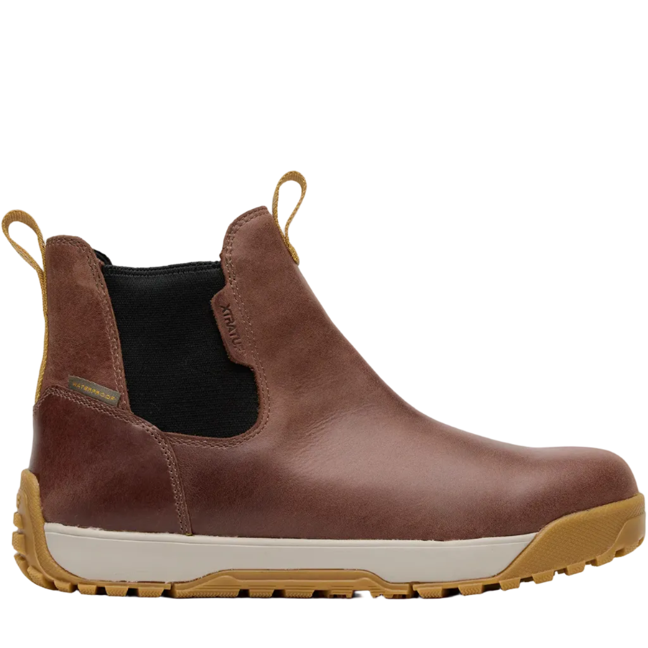 Brown leather boot with a white sole on a white background
